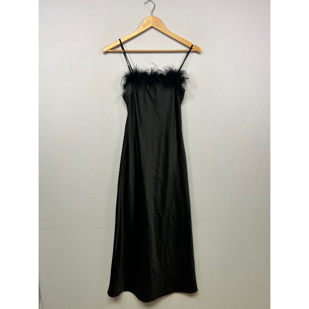 Windsor Glam Evening Womens Small Black Satin Feather‎ Trim Slip Midi Dress
